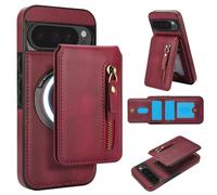 Cartera desmontable compatible con carga inalámbrica Magsafe para Google Pixel 9 Pro XL con tarjetero, bolsillo con cremallera, funda 2 en 1 a prueba de golpes (rojo vino)