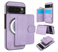 Cartera desmontable para Google Pixel 10 Pro compatible con Magsafe funda de carga inalámbrica con tarjetero, ranura para efectivo, soporte 2 en 1 a prueba de golpes (morado)