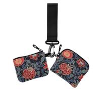 Cartera doble retro con patrón de granadas rojas y flores rojas para mujer, fundas para tarjetas de visita, delgada, desmontable, con cremallera, monedero con correa de muñeca para dama, 2 paquetes