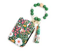 Cartera floral bohemia para mujer con pulsera de cuentas y llavero con borlas, de piel sintética, delgado para tarjetas de crédito y monedero compacto, Green, Boho Floral