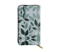 Cartera larga de cuero con estampado de hojas gris menta, cartera personalizada de moda, múltiples ranuras para tarjetas, lista para regalo, Negro -, Talla única