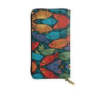 Cartera larga de cuero con patrón de peces coloridos, soporte portátil para tarjetas de crédito, monedero con cremallera y compartimento para identificación