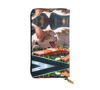 Cartera larga de piel con diseño de gato comiendo peces, soporte portátil para tarjetas de crédito, monedero con cremallera y compartimento para identificación