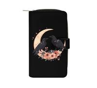 Cartera larga de piel sintética para mujer, diseño de cuervo y luna floral, organizador de mano para oficina y viajes
