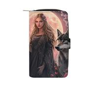 Cartera larga de piel sintética para mujer, diseño de diosa con lobo y perros de brujería, organizador para oficina y viajes