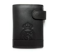 LUGUPELL Cartera Oficial del Real Madrid - Piel 100% Legítima con Protección RFID, Diseño Exclusivo con Escudo del Club. Regalo para Hombre. (Vertical con Broche Y Monedero Marron)