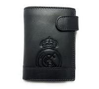 LUGUPELL Cartera Oficial del Real Madrid - Piel 100% Legítima con Protección RFID, Diseño Exclusivo con Escudo del Club. Regalo para Hombre. (Vertical con Broche Y Monedero Negro)