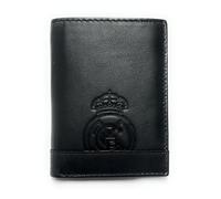 Cartera Oficial del Real Madrid - Piel 100% Legítima con Protección RFID, Diseño Exclusivo con Escudo del Club. Regalo para Hombre. (Vertical con Monedero Negro)