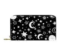 Cartera para Mujer, monederos de Mano para Mujer, Tarjetero, Organizador, Monedero de Cuero con Cremallera, Lunas, Estrellas, Fondo Negro y Blanco