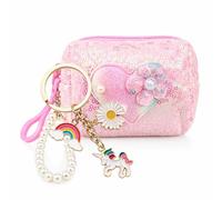 Cartera Para Niña, Monedero Para Niña, Cartera Para Niña De 12 Años, Monedero Con Lazos, Monedero Con Perlas Y Lentejuelas, Rosa, Incluye Colgante De Unicornio, Bolso Elegante Para Niñas