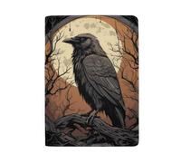 Cartera para pasaporte y tarjeta de embarque, diseño de vaca y flores de las Tierras Altas para mujer, Cuervo mirando hacia la luna en un árbol oscuro