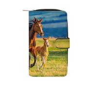 Cartera pequeña y Delgada con diseño de yegua y Potro marrón para Mujer y Hombre, Billetera RFID de Piel de Microfibra con Dibujos Animados, Tarjetero con Cremallera y Bolsillo para Monedas.