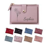 Cartera Personalizada Con La Flor Del Mes De Nacimiento Y El Nombre, Regalo Personalizado Para Pedirle A Una Amiga Que Sea Dama De Honor, Tarjetero Para Damas De Honor De Cuero Vegano(Purple)