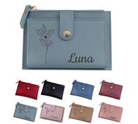 Cartera Personalizada Con La Flor Del Mes De Nacimiento Y El Nombre, Regalo Personalizado Para Pedirle A Una Amiga Que Sea Dama De Honor, Tarjetero Para Damas De Honor De Cuero Vegano(Light Blue)