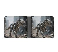 Cartera plegable de cuero con diseño de dinosaurio mecánico en una ciudad en ruinas, dos bolsillos ocultos y seis ranuras para tarjetas. Cartera delgada para efectivo, tarjetas e identificación.