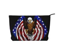 Cartera portátil con cremallera para mujer, adecuada para viajes y almacenamiento diario de cosméticos, bolsa de cosméticos de pana con águila patriótica de la bandera de Estados Unidos, color negro,