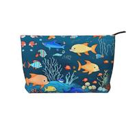 Cartera portátil con cremallera para mujer, adecuada para viajes y almacenamiento diario de cosméticos, bolsa de cosméticos azul bajo el agua del mundo de los peces, color negro, talla única, Negro,