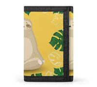 Cartera triple amarilla con diseño de perezoso meditando con hojas tropicales y flores. Elegante monedero con llavero, tarjetero para tarjetas de crédito, recibos, facturas, etc., para mujeres y hombr