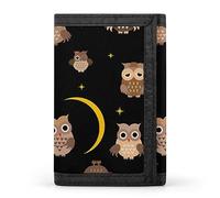 Cartera triple con diseño de búhos, estrellas y luna creciente en la noche, sin costuras sobre fondo oscuro, elegante monedero con llavero, tarjetero para tarjetas de crédito, recibos, facturas, para