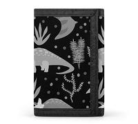 Cartera triple con diseño de dinosaurios voladores y hierba en gris y blanco, elegante monedero con llavero, tarjetero para tarjetas de crédito, recibos, facturas, etc., para mujeres y hombres, 12,7 x