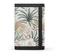 Cartera triple con diseño de hojas de hibisco tropical beige, hojas de palmera exóticas de la selva, elegante monedero con llavero, tarjetero para tarjetas de crédito, recibos, facturas, etc., para mu