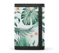 Cartera triple con diseño de hojas de palmera tropical botánica verde y flores beige, elegante monedero con llavero, tarjetero para tarjetas de crédito, recibos, facturas, etc., para mujeres y hombres