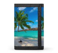 Cartera triple con diseño de playa tropical de arena blanca, palmeras verdes y mar turquesa. Elegante monedero con llavero, tarjetero para tarjetas de crédito, recibos, facturas, etc., para mujeres y