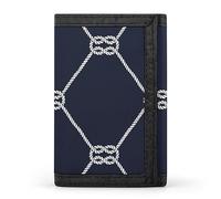 Cartera triple con nudos cuadrados y lazo de cuerda náutica blanca sobre azul marino oscuro. Elegante monedero con llavero, tarjetero para tarjetas de crédito, recibos, facturas, etc., para mujeres y