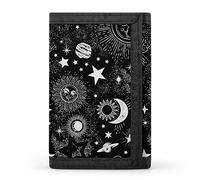 Cartera triple negra con diseño de galaxia, espacio, zodiaco, sol, estrellas, nubes y universo. Elegante monedero con llavero, tarjetero para tarjetas de crédito, recibos, facturas, etc., para mujeres