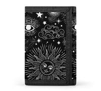 Cartera triple negra con diseño de galaxia, espacio, zodiaco, sol, estrellas, nubes y universo. Elegante monedero con llavero, tarjetero para tarjetas de crédito, recibos, facturas, etc., para mujeres