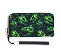 Carteras de cuero para mujer, diseño de calavera de dinosaurio, rayo verde, monedero de mano con cremallera