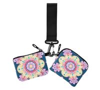 Carteras de muñeca dobles con patrón bohemio de flor de cerezo para mujer, organizador portátil pequeño para tarjetas de crédito con llavero para mujer, paquete de 2, Cherry Blossom Boho Pattern Blue