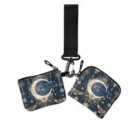 Carteras dobles bohemias de luna azul oscuro para mujer, fundas para tarjetas de visita, monedero pequeño desmontable con bolsillo con cremallera para mujer, 2 piezas, azul oscuro (dark blue moon boho
