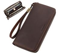 Carteras largas de cuero para hombre, prácticas tarjetas de bloqueo, gran capacidad, bolsillo para teléfono para uso diario, Brown