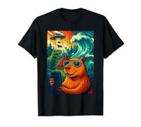Cartoon Capybara Selfie with UFO Dinosaurs and Wave Camiseta