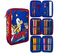 CARTOON Estuche 3 cremalleras Sonic triple completo 44 piezas papelería escolar multicompartimento bolígrafos lápices colores rotuladores Giotto
