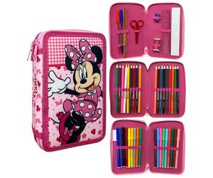 Cartoon Estuche con 3 cremalleras completo de 44 piezas de papelería con múltiples compartimentos para bolígrafos, lápices, colores y rotuladores Giotto para la escuela, Minnie., 19.5 x 12.5 x 7 cm