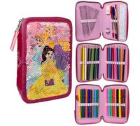 CARTOON Estuche con lentejuelas reversibles 3 cremalleras para la escuela completo 44 piezas de papelería rotuladores Giotto accesorio para niños y adolescentes, Princesas, Estuches