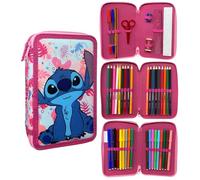 CARTOON Estuche de 3 cremalleras completo 44 piezas papelería multicompartimento bolígrafos lápices colores rotuladores Giotto para la escuela, Stitch Rosa, Estuches