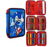 CARTOON Estuche de 3 cremalleras completo 44 piezas papelería multicompartimento bolígrafos lápices colores rotuladores Giotto para la escuela, Sonic, Estuches