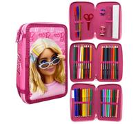 CARTOON Estuche de 3 cremalleras completo 44 piezas papelería multicompartimento bolígrafos lápices colores rotuladores Giotto para la escuela, Barbie, Estuches