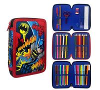 CARTOON Estuche de 3 cremalleras completo de 44 piezas para la escuela, multicompartimento, bolígrafos, lápices, colores, rotuladores Giotto, Batman, Moderno