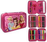 Cartoon Estuche de 3 cremalleras completo de 44 piezas para la escuela, multicompartimento, bolígrafos, lápices, colores, rotuladores Giotto, Princesas, 20 x 13 x 6 cm