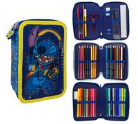 CARTOON Estuche de 3 cremalleras completo de 44 piezas para la escuela, multicompartimento, bolígrafos, lápices, colores, rotuladores Giotto, Stitch Blue, Moderno