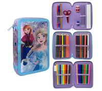 Cartoon Estuche de 3 cremalleras completo de 44 piezas para la escuela, multicompartimento, bolígrafos, lápices, colores, rotuladores Giotto, Frozen, 20 x 13 x 6 cm, Moderno