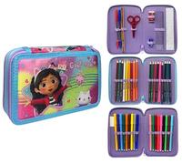 CARTOON Estuche de 3 cremalleras completo de 44 piezas para la escuela, multicompartimento, bolígrafos, lápices, colores, rotuladores Giotto, Gabby's Dollhouse, Moderno