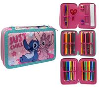 CARTOON Estuche de 3 cremalleras completo de 44 piezas para la escuela, multicompartimento, bolígrafos, lápices, colores, rotuladores Giotto, Stitch E Angel, Moderno