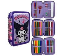 CARTOON Estuche de 3 cremalleras completo de 44 piezas para la escuela, multicompartimento, bolígrafos, lápices, colores, rotuladores Giotto, Kuromi, 20 x 13 x 6 cm, Moderno