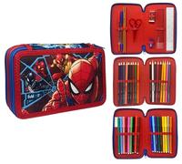 CARTOON Estuche de 3 cremalleras completo de 44 piezas para la escuela, multicompartimento, bolígrafos, lápices, colores, rotuladores Giotto, Spiderman., 20 x 13 x 6 cm, Moderno