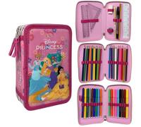 CARTOON Estuche de 3 cremalleras para la escuela completo 44 piezas de papelería bolígrafo Papermate rotuladores Giotto accesorio para niños y adolescentes, Princesas, Estuches